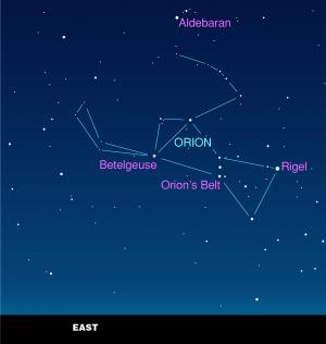 The constellation Orion stands above the eastern horizon