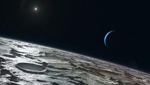 artist's concept of the craggy surface of triton, with a thin crescent neptune in the sky