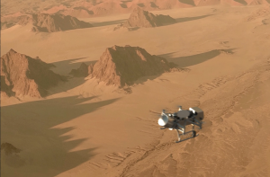 An artist's concept shows the Dragonfly drone above Titan