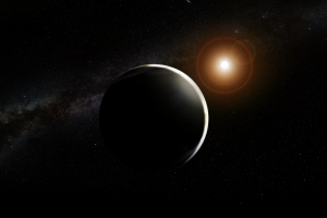 artist's concept of a red-dwarf star and its possible planet