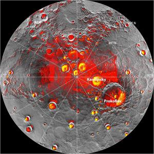 Composite image showing sites of possible ice deposits on Mercury