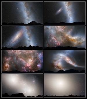 sequence of images depicting the merger of M31 and Milky Way galaxies