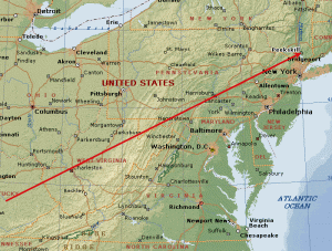 Map showing the path of the Peekskill meteorite