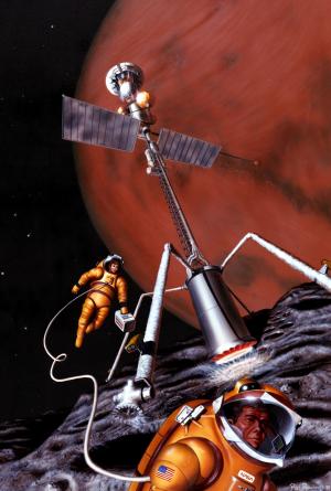 Artist's concept of astronauts on Phobos, a moon of Mars