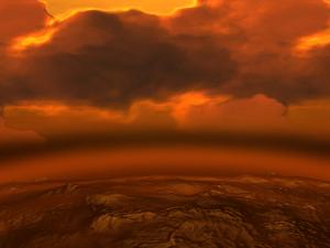 dark landscape of venus below an orange-colored sky and dark clouds