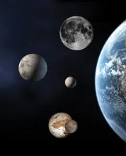 Three dwarf planets shown to scale with Earth and Moon