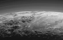 Backlit view of Pluto landscape from New Horizons