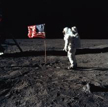 Buzz Aldrin poses with the American flag on the Moon, July 20, 1969