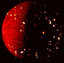 Infrared image shows volcanoes on Io, a moon of Jupiter