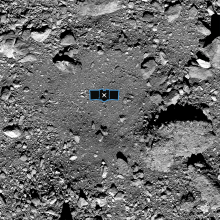 Image of OSIRIS-Rex landing site, with diagram of the spacecraft