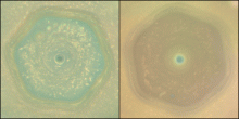 Views of Saturn's north polar hexagon in 2013 and 2017.