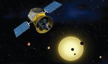 Artist's concept of TESS in front of a star with several transiting planets